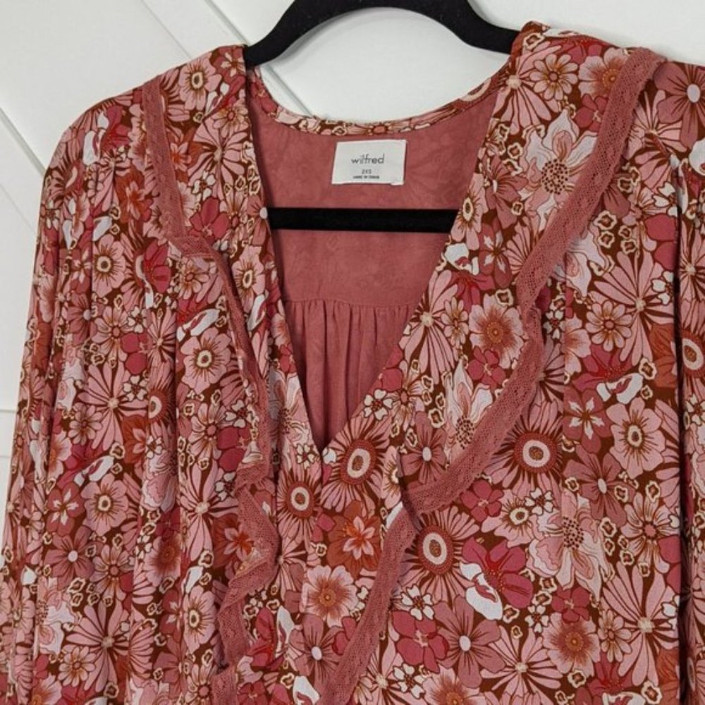 Aritzia Wilfred Eden Printed, ruffled V-neck blouse SZ XXS - Picture 6 of 12